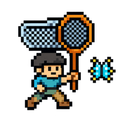 Personaje pixel art del Cazador de Bugs con red atrapamariposas