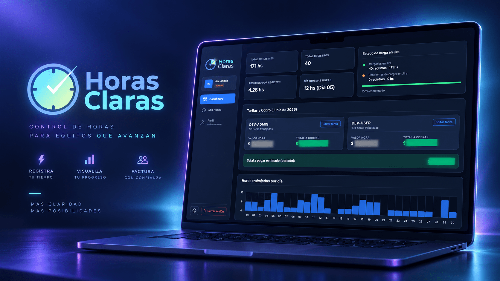 Vista de la aplicación Horas Claras